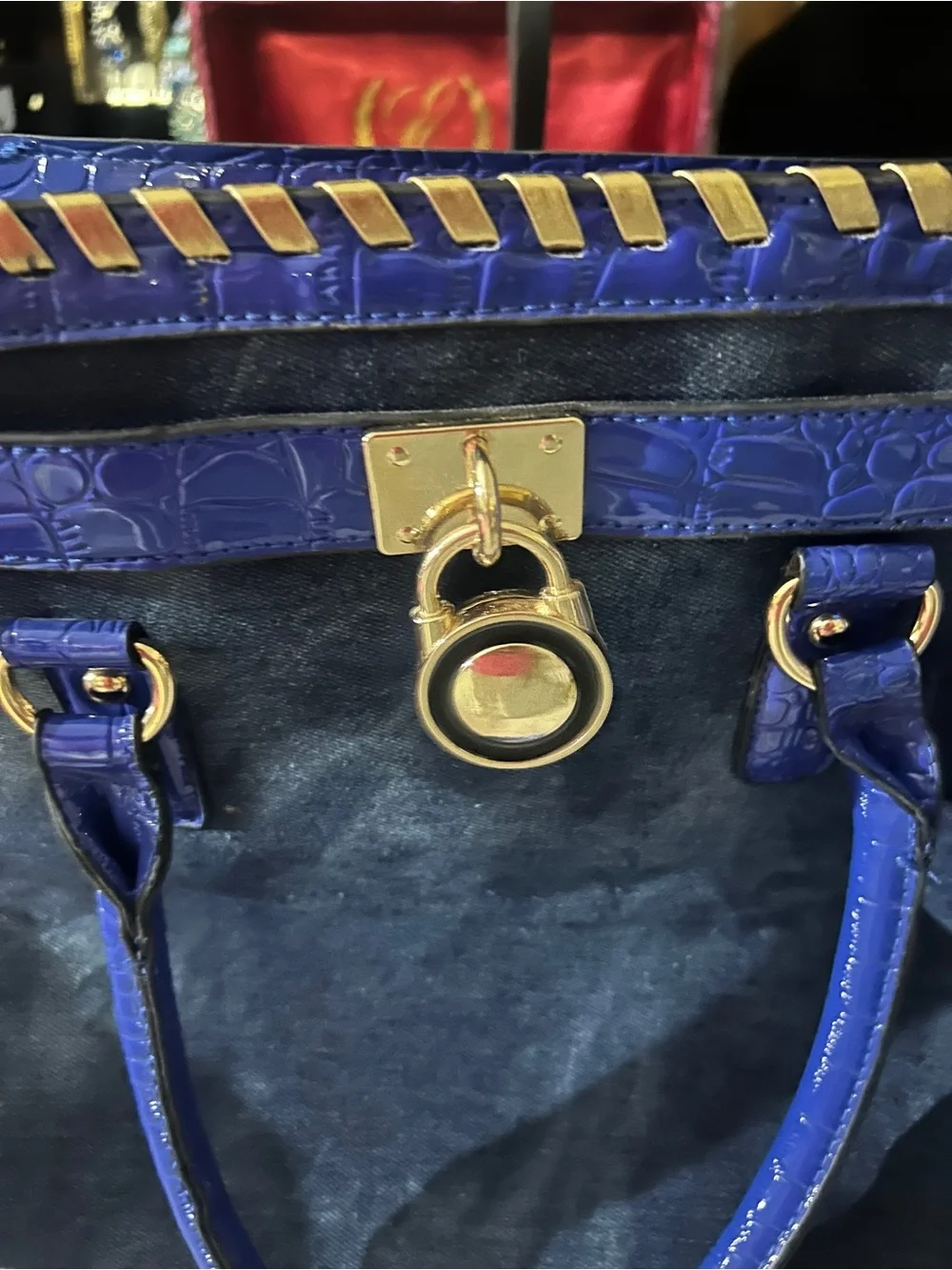 Blue & Black Designer-Style Satchel Handbag – Gold Tone Hardware – Unbranded